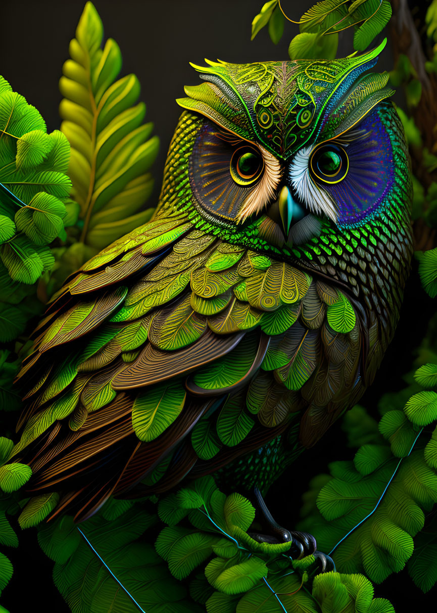 Colorful digital artwork of owl with green and gold feathers in foliage