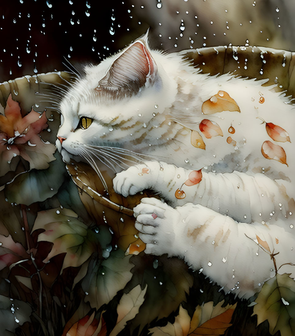 White cat with black markings in leaf-strewn bowl under rain