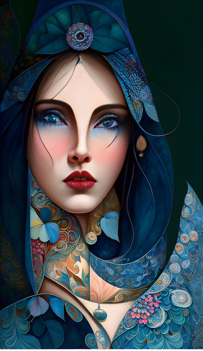Digital Artwork of Woman with Blue Eyes & Peacock Feather Headdress