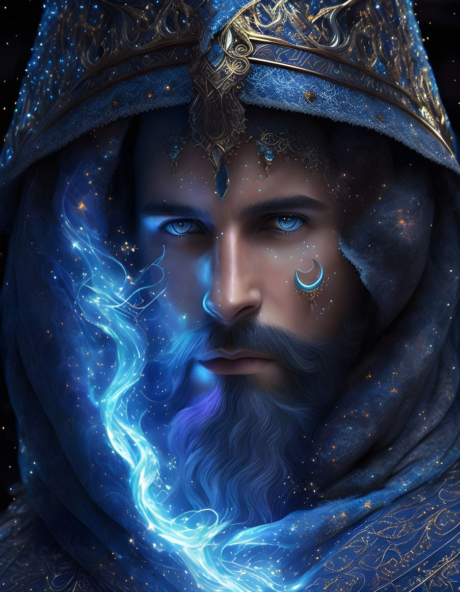 Bearded man in crown and robe with blue eyes in ethereal setting