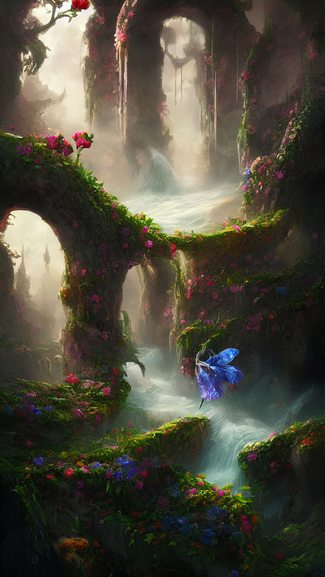 Majestic Enchanted Forest with Stone Bridges and Blue Butterfly