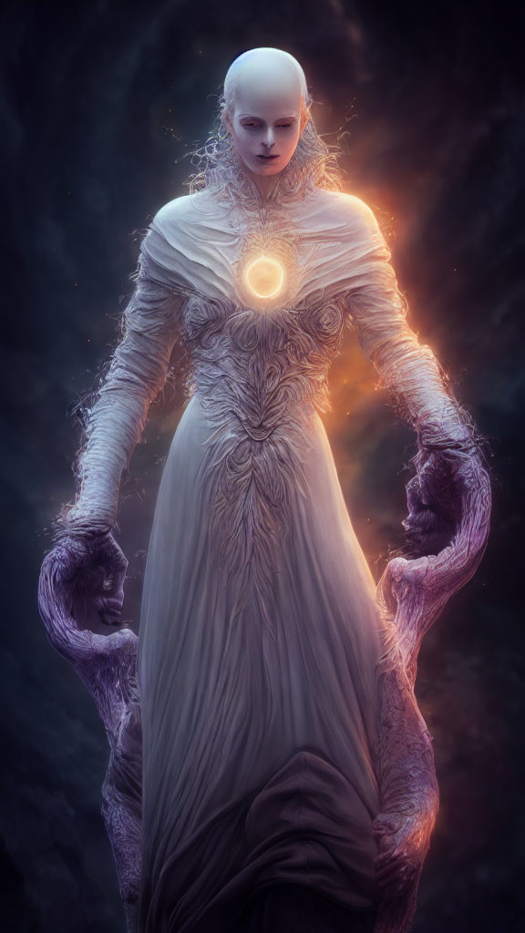 Mystical figure with glowing chest orb and elongated arms in ornate white gown