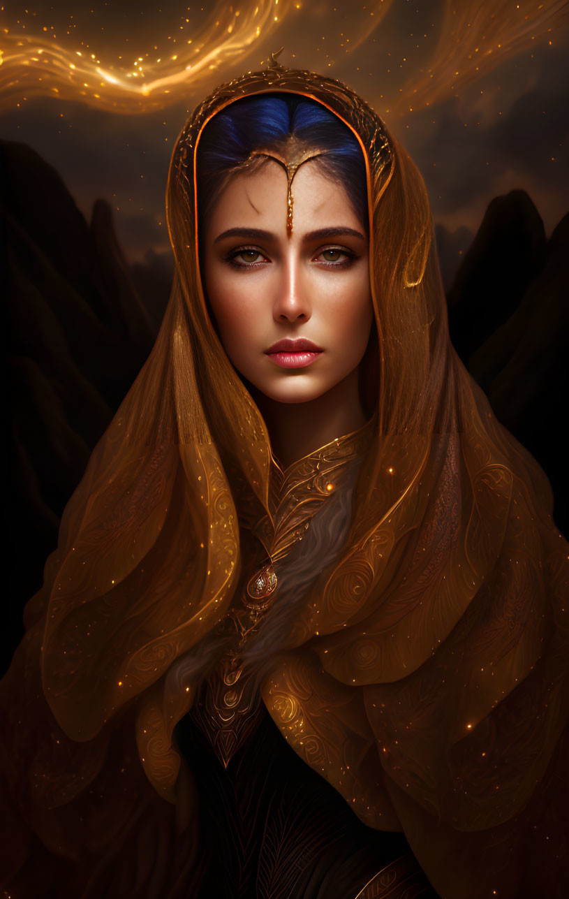 Mystical woman with blue eyes in golden headpiece and cloak against amber backdrop