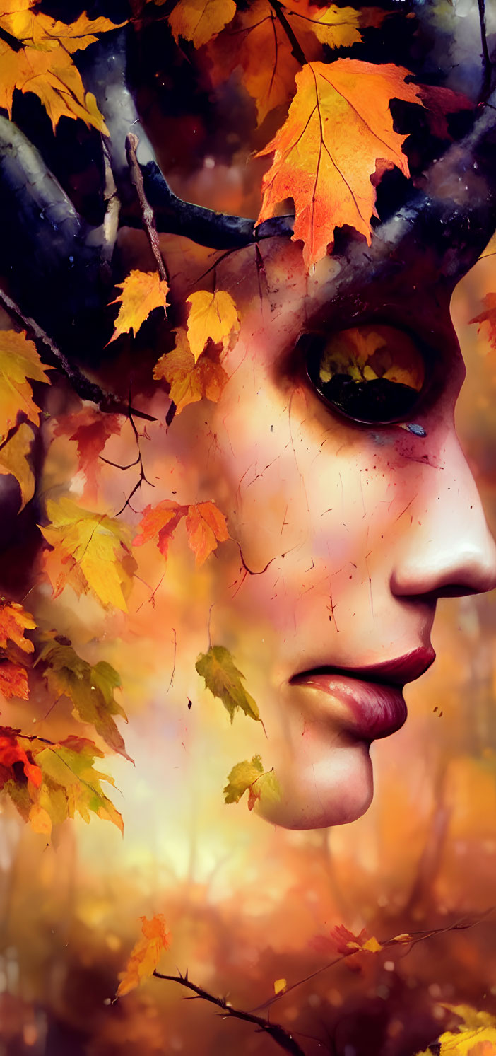 Fantasy portrait featuring person with antlers and green eye in autumn setting