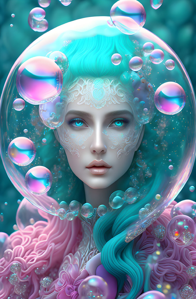 Surreal portrait: Woman with blue hair and intricate facial patterns surrounded by bubbles on teal backdrop