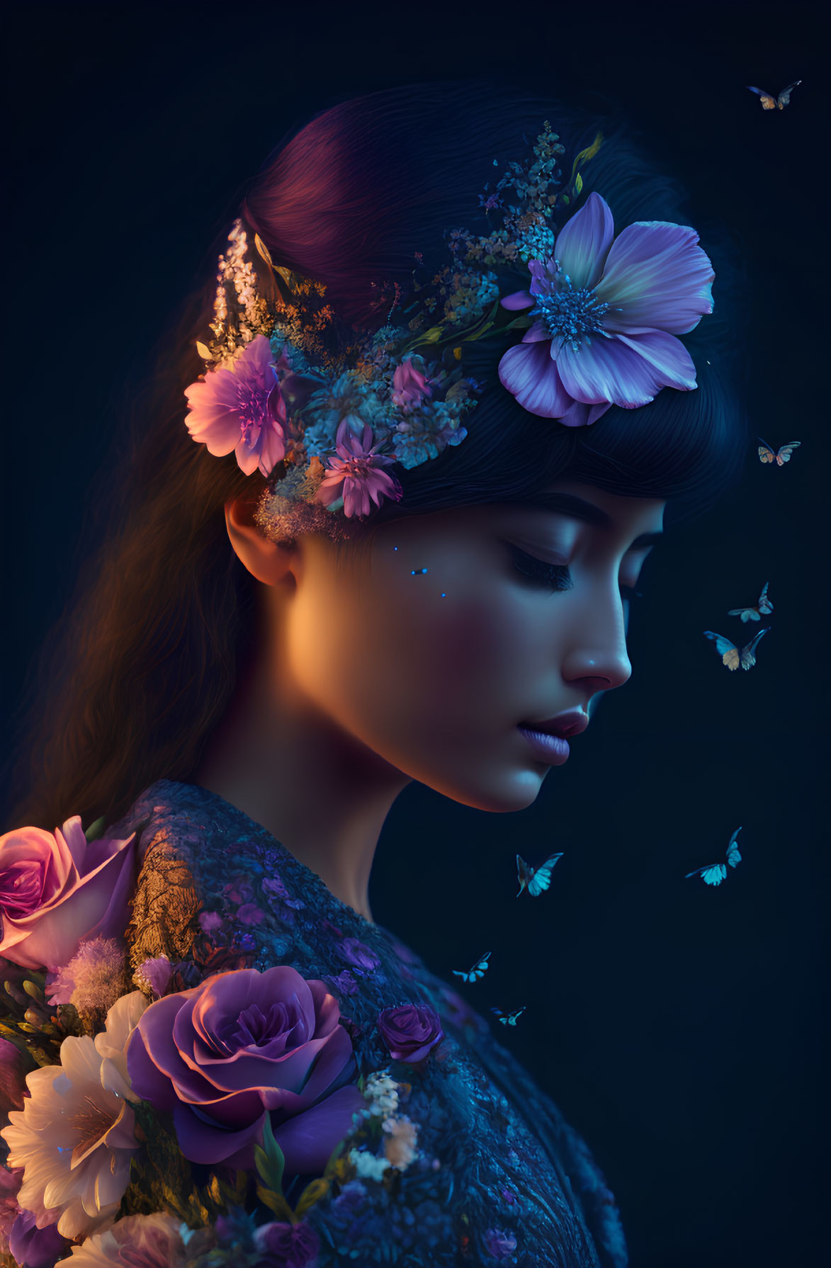 Floral Headpiece Woman with Butterflies on Dark Background