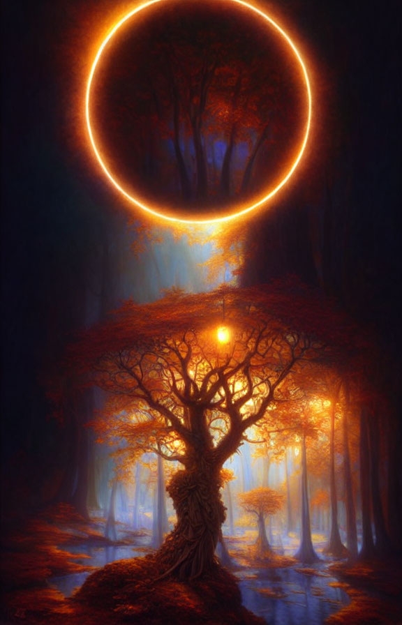 Mystical forest with glowing tree, luminous ring, and golden light