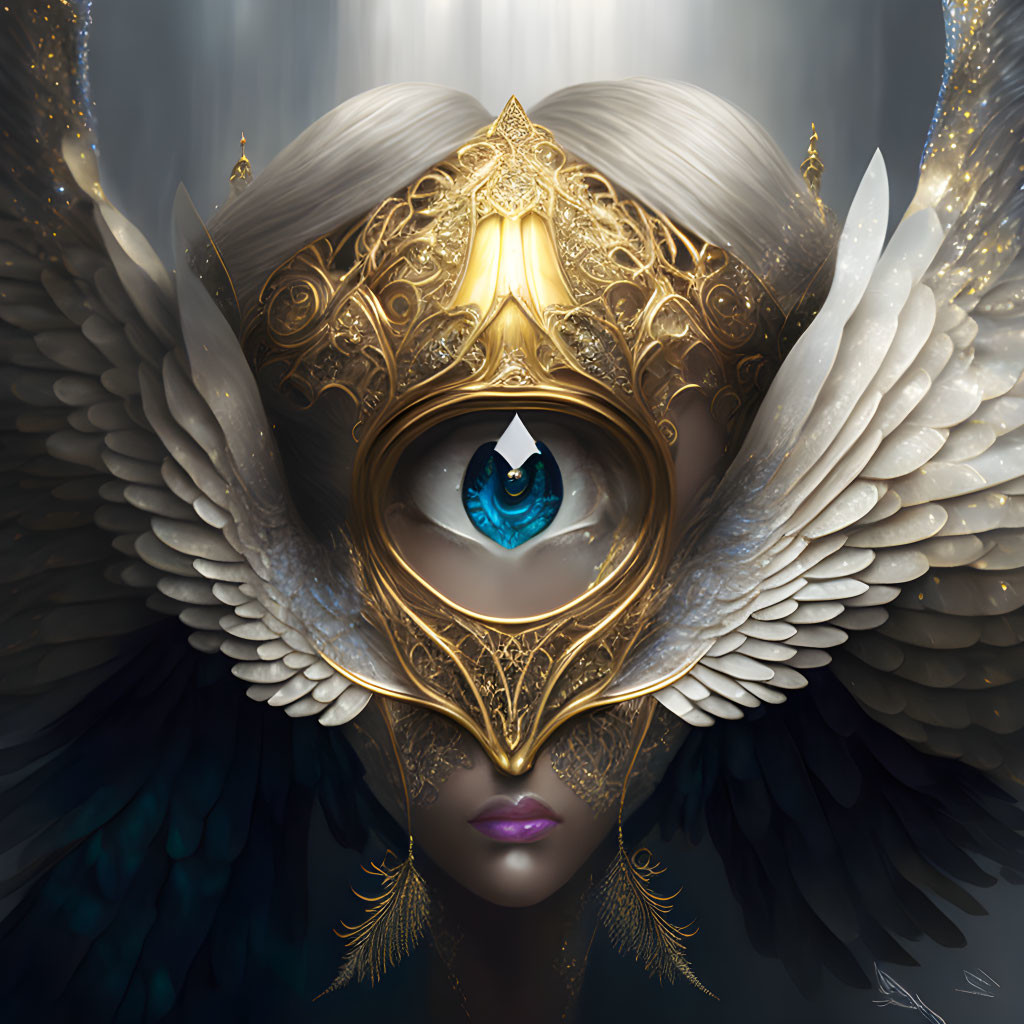 Person wearing gold ornate mask with feathered wings and single blue eye.