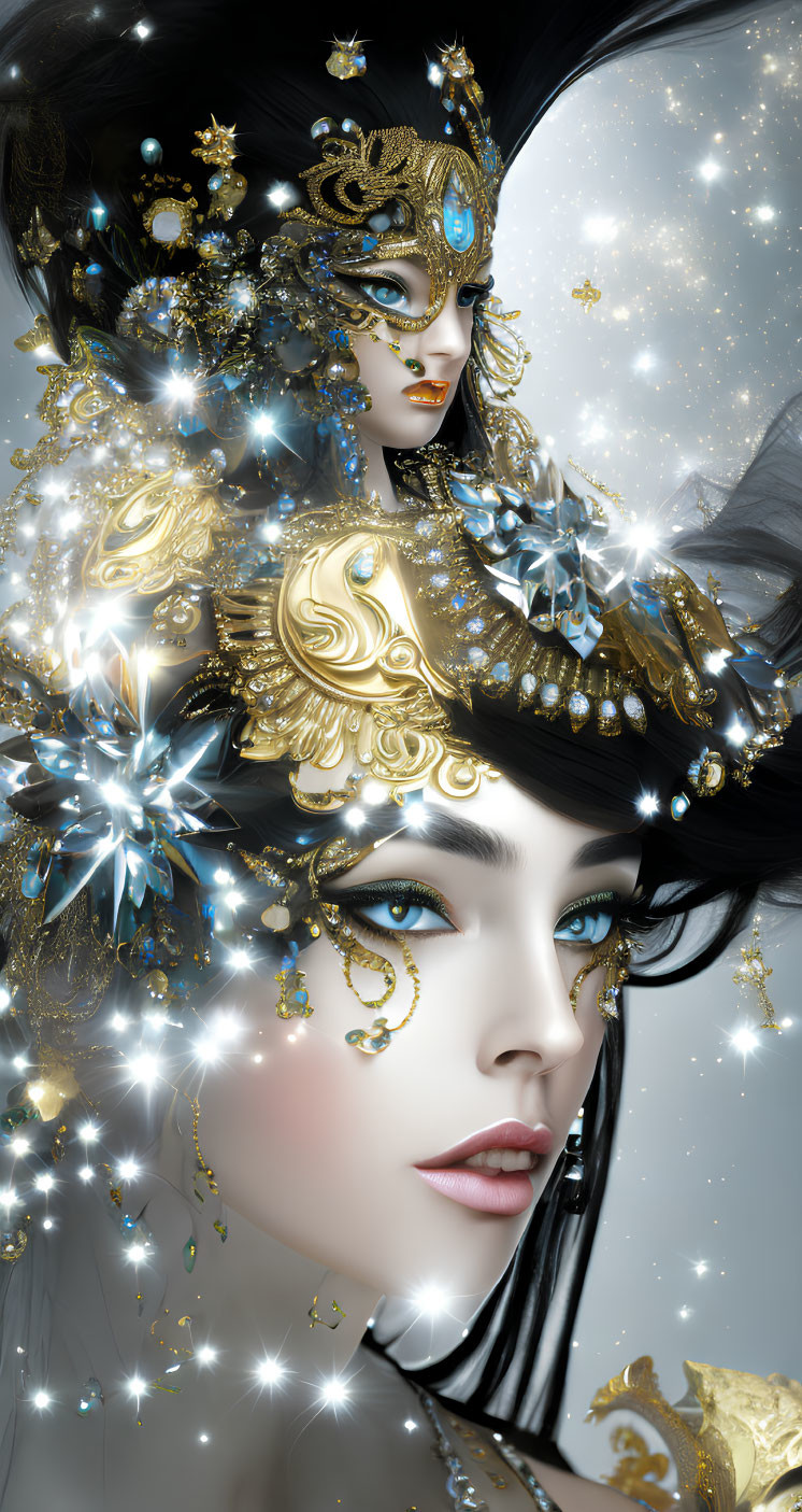 Intricate gold and jeweled headdress on woman with sparkling lights