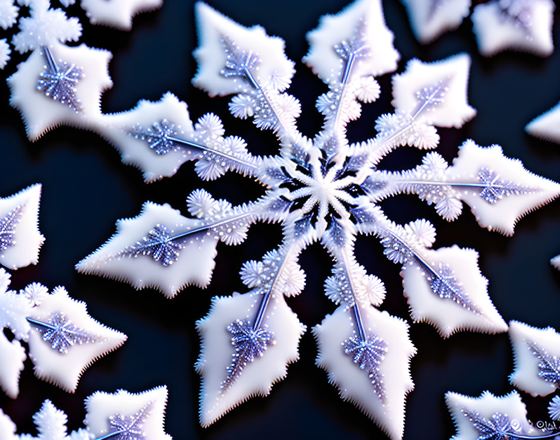 Detailed Close-Up of Intricate Snowflake Patterns on Deep Blue Background
