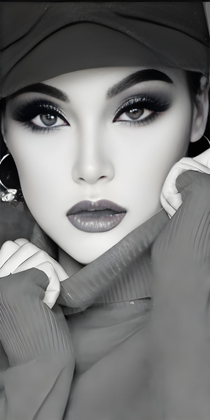 Monochrome portrait of woman with dramatic makeup, cap, gloves, posing hand near face