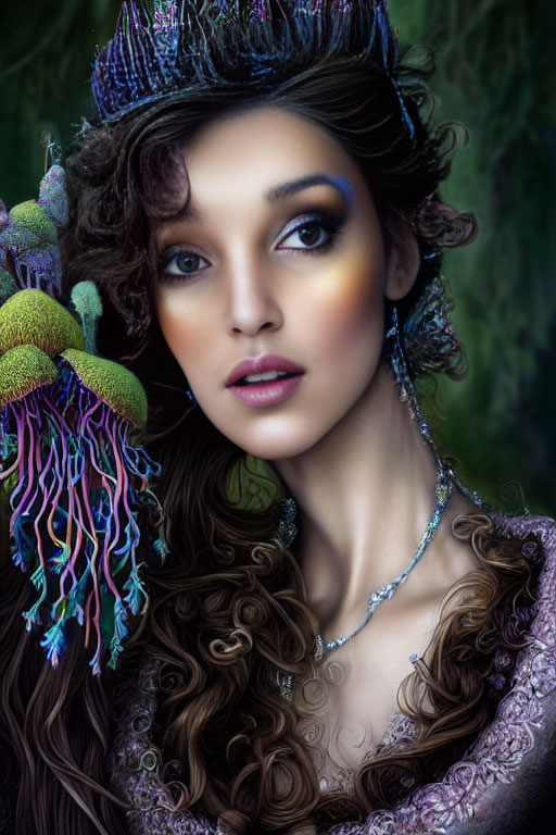 Colorful Makeup Woman Poses with Fantasy Headdress and Ornate Glove