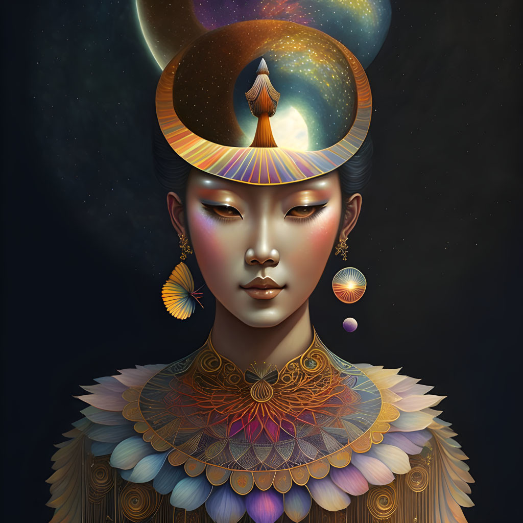 Illustrated cosmic woman adorned with ornate jewelry and celestial headdress.