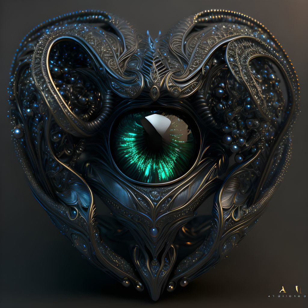 Detailed 3D Heart-Shaped Ornament with Metallic Patterns and Cat-Like Eye