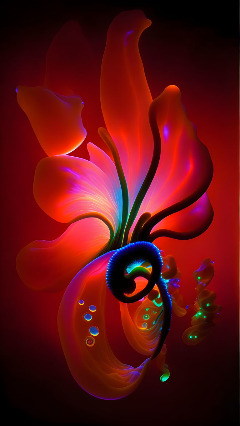 Abstract neon-lit flower on dark red gradient backdrop