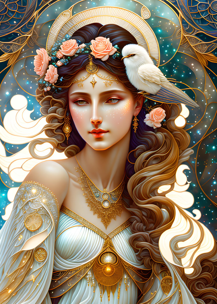 Illustrated woman with flowing hair and halo, adorned with gold jewelry, with bird on shoulder against celestial
