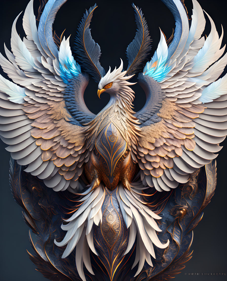 Majestic Phoenix Artwork with White, Gold, and Blue Feathers