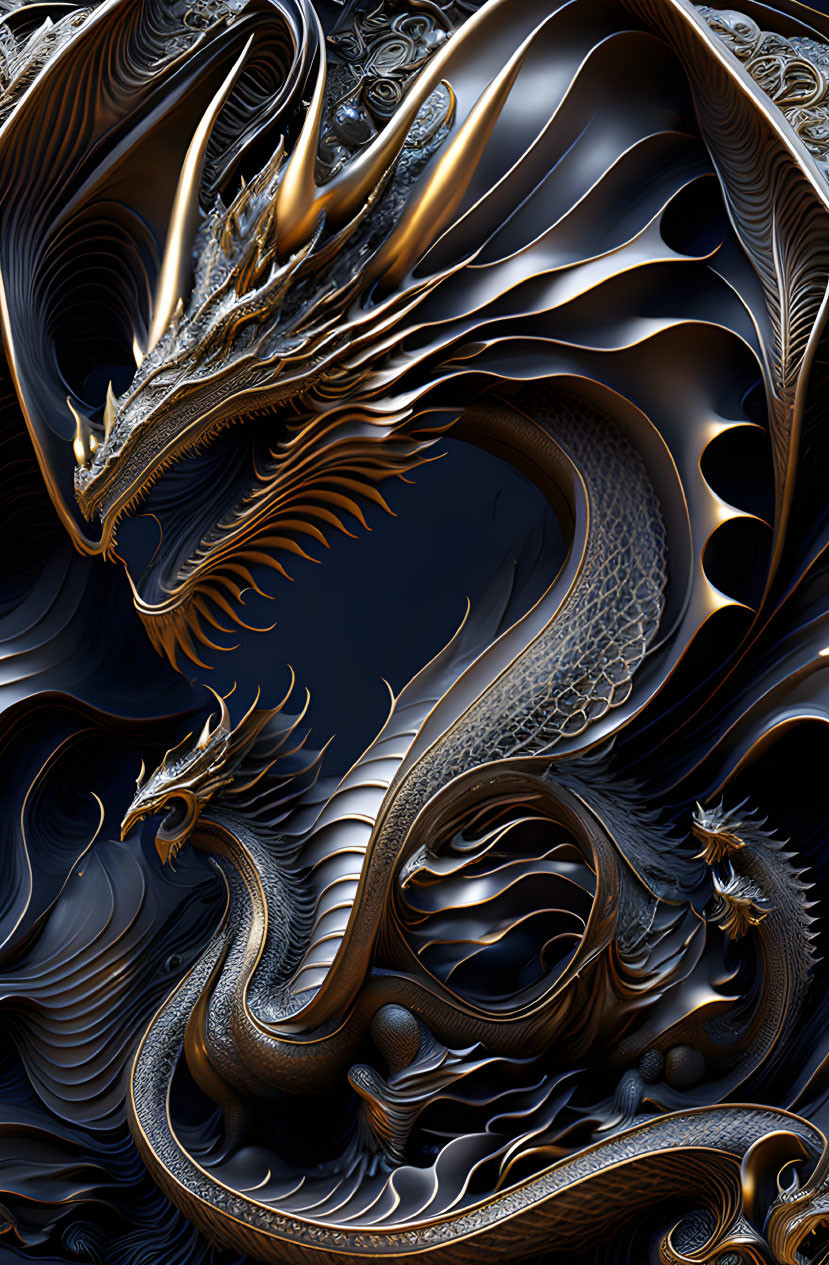 Detailed digital artwork: Golden dragons in escheresque black & gold environment