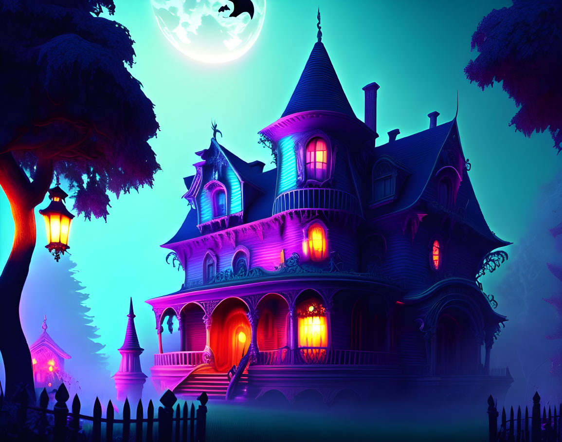 Victorian mansion at night with crescent moon, bats, eerie lighting, and silhouetted
