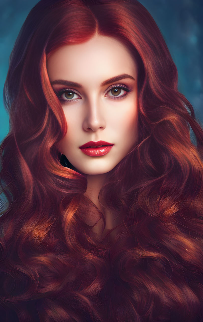 Voluminous red hair, green eyes, red lipstick on blue background