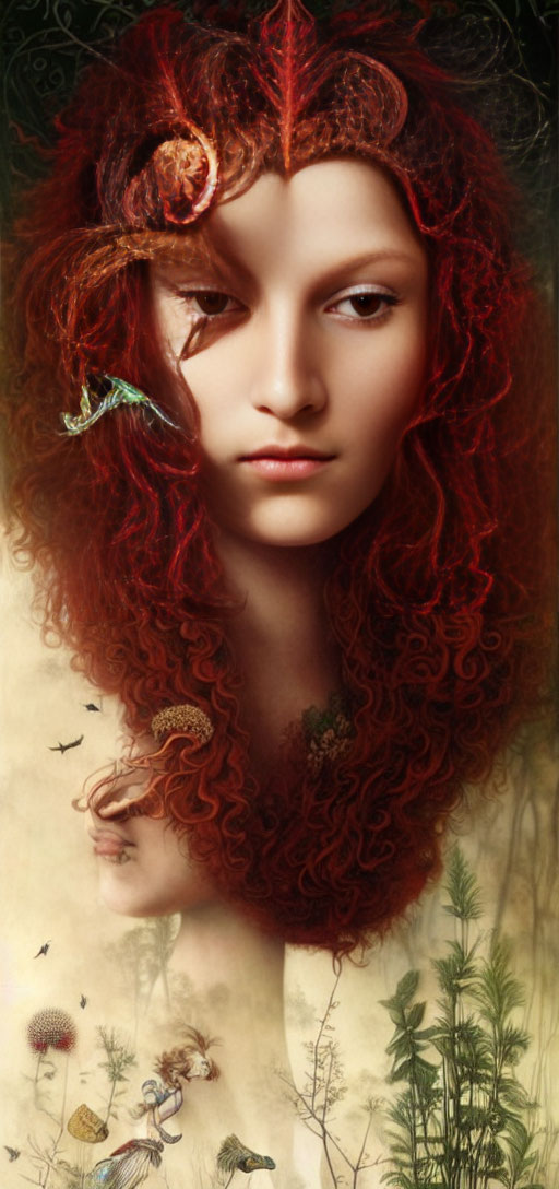 Curly Red-Haired Woman with Leaves and Butterfly in Nature Scene