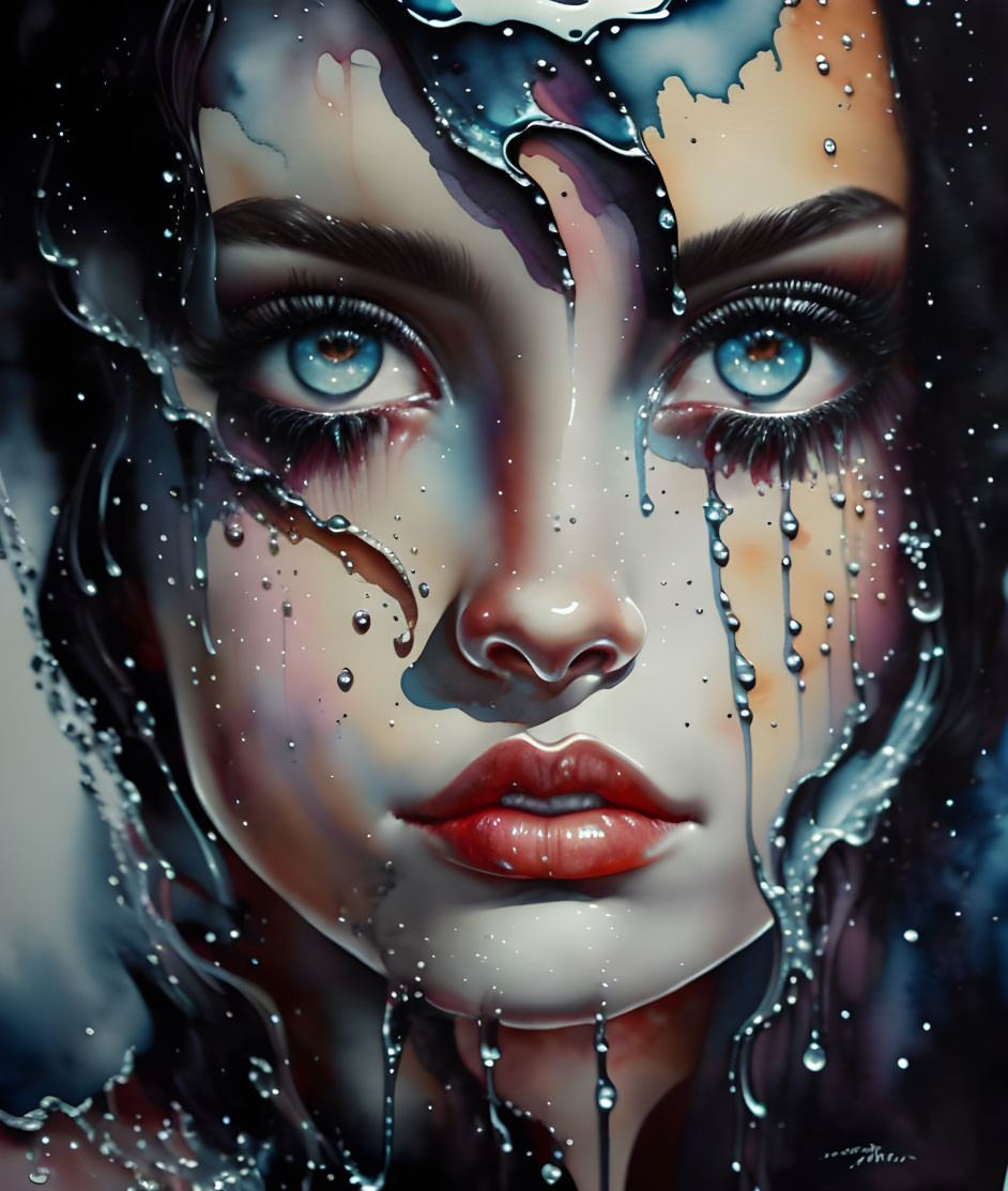Digital painting of woman's face with captivating eyes and paint-like embellishments on dark backdrop