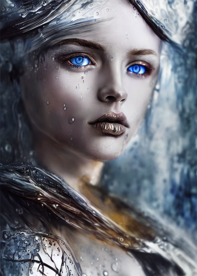 Portrait of Woman with Striking Blue Eyes and Watery Glass Reflection