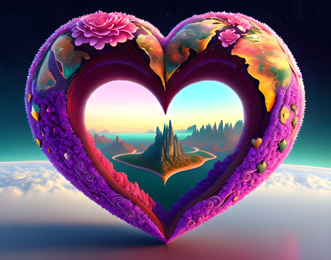 Colorful 3D heart-shaped frame with floral designs above clouds at sunset