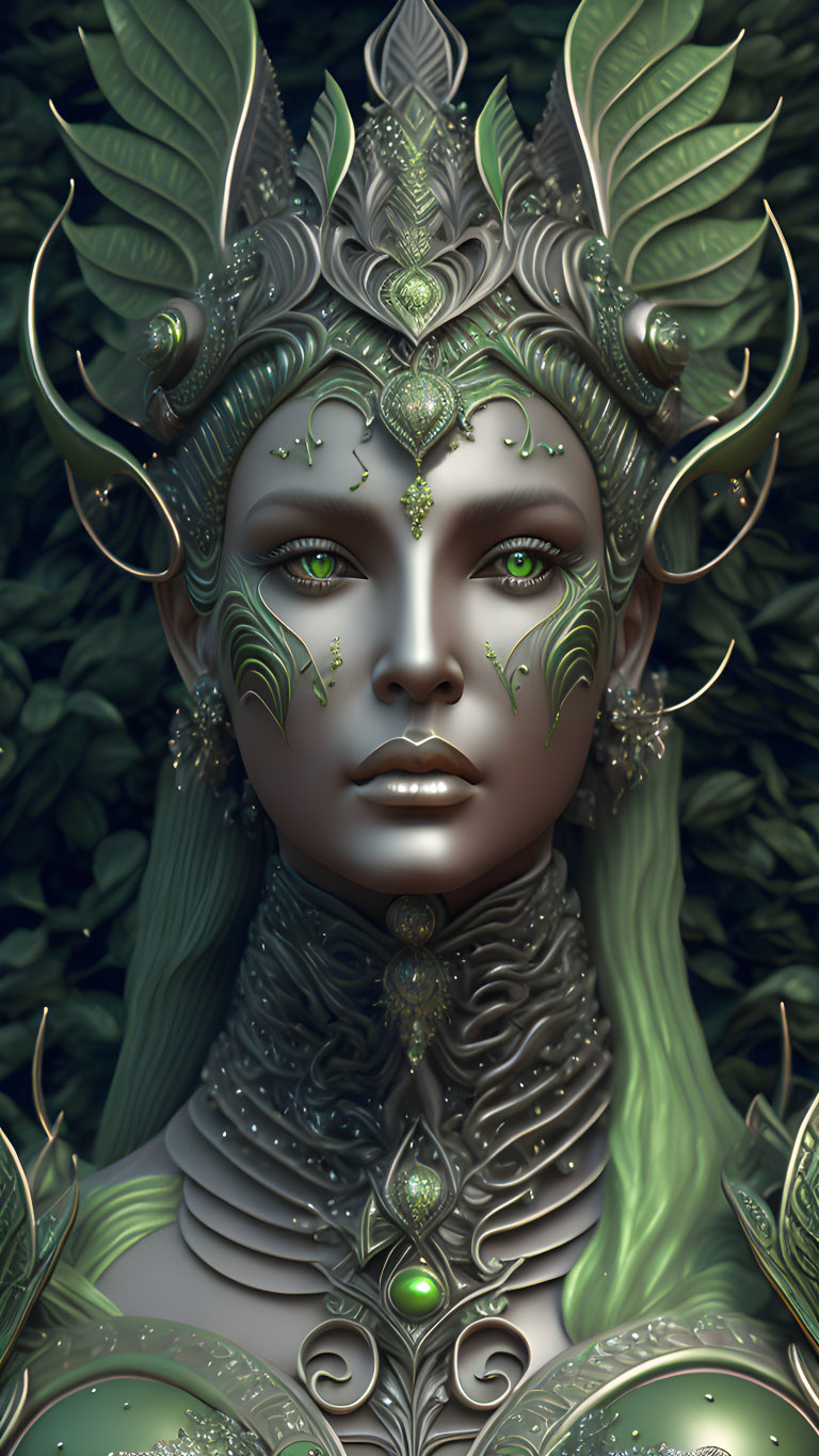 Detailed fantasy portrait of female figure in silver and green headdress and armor