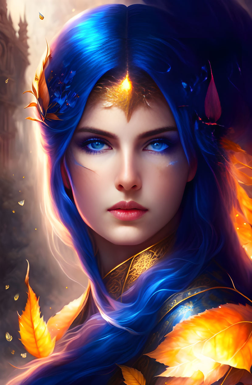 Fantasy digital artwork of woman with blue hair and gold leaf patterns