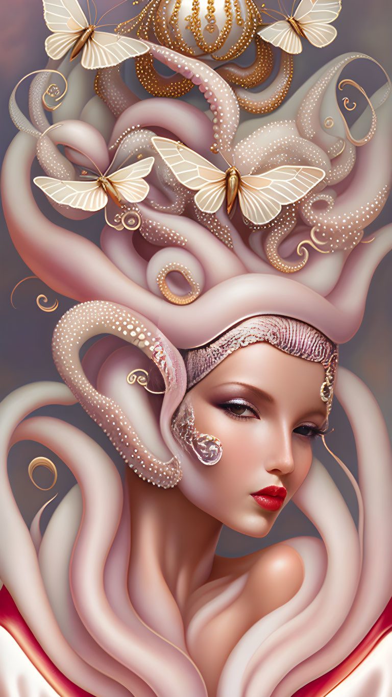 Woman with Octopus Tentacles Hair, Gold Jewelry, Butterflies, Soft Pastel Tones