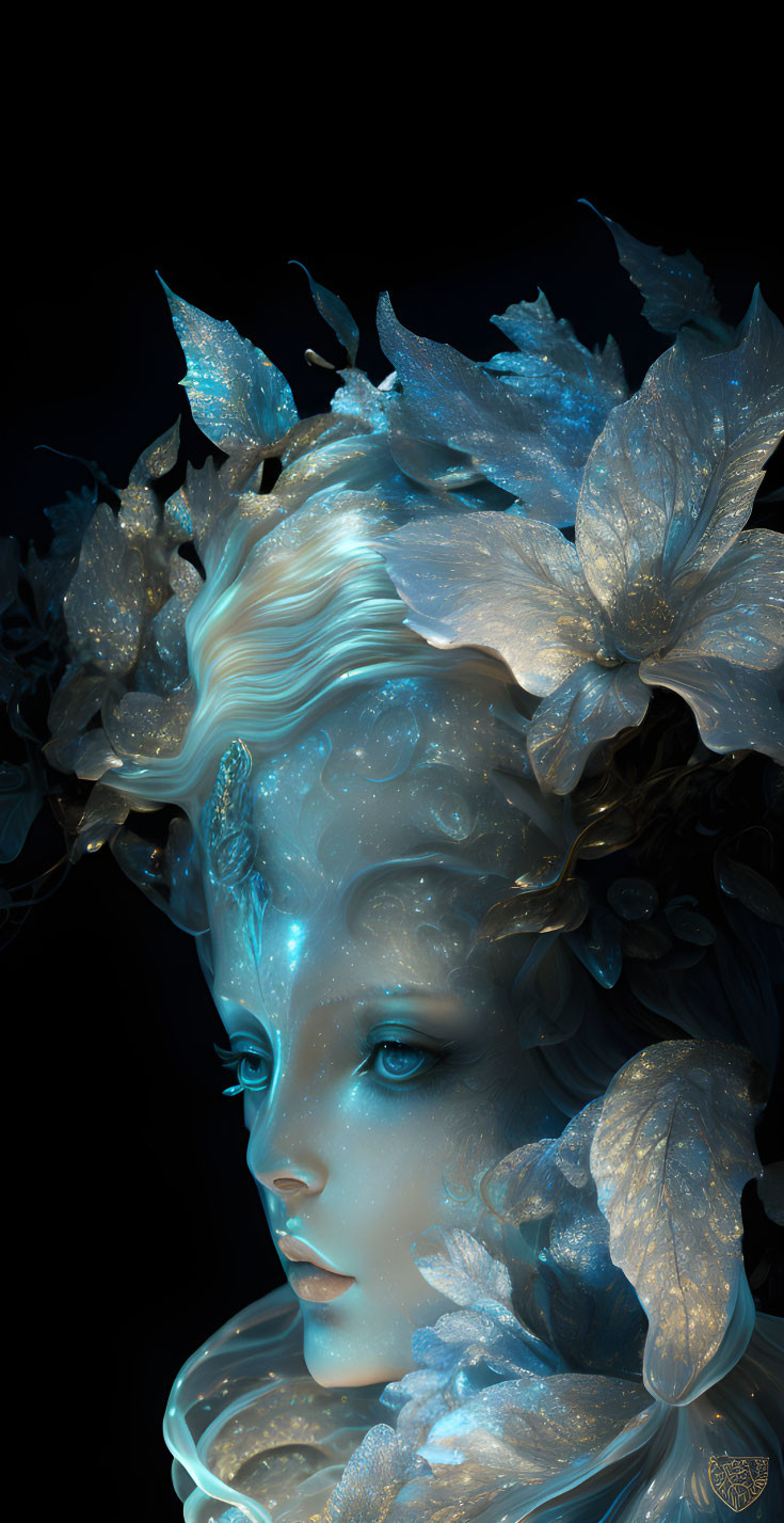 Digital artwork: Female figure with glowing blue skin, adorned with leaf-like embellishments.