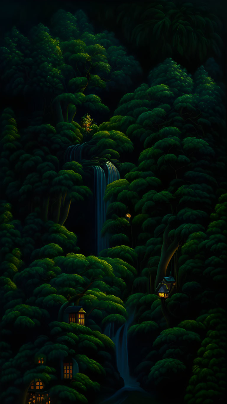 Nocturnal scene of illuminated windows in secluded houses among lush trees and waterfalls