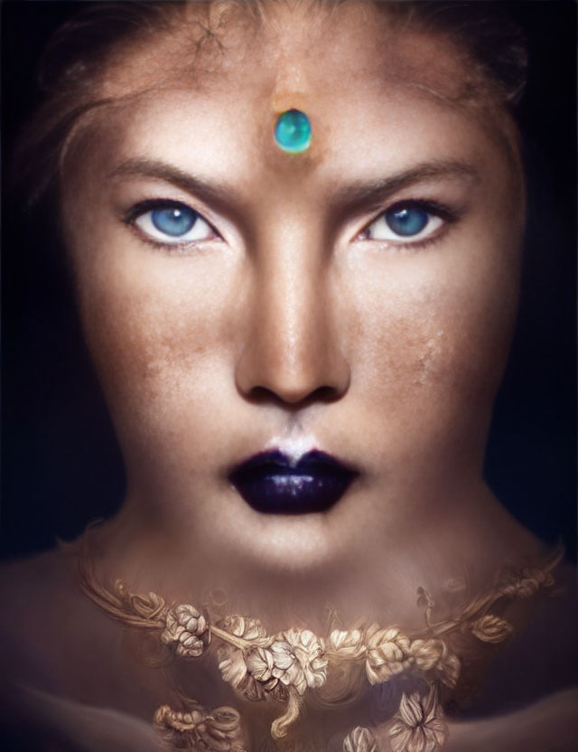 Portrait of Woman with Striking Blue Eyes and Dark Purple Lips