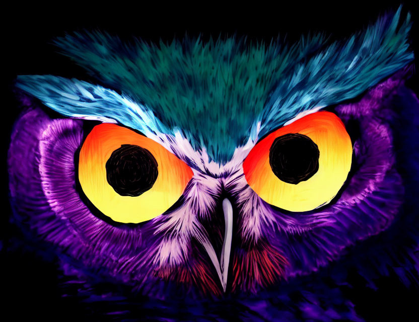 Vibrant Owl Artwork with Blue and Purple Feathers