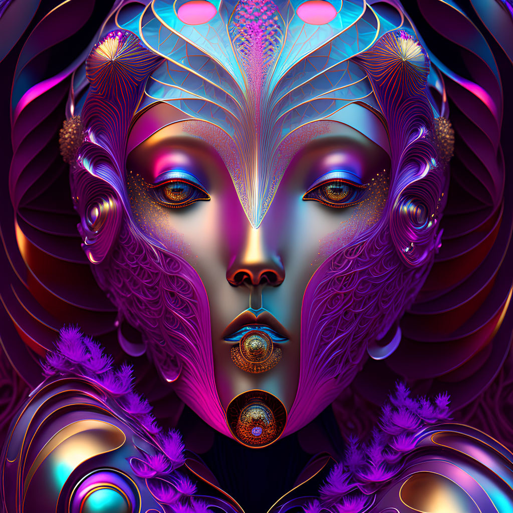 Stylized female face with metallic adornments on dark background