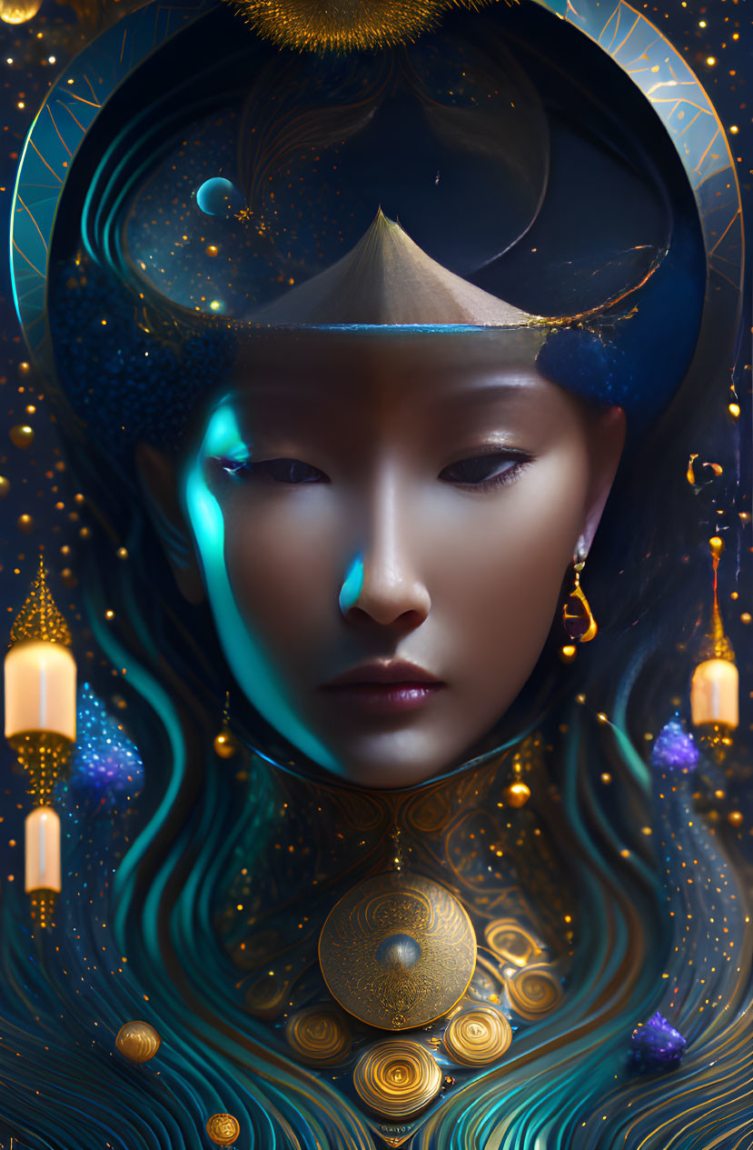 Celestial-themed Asian woman illustration with golden accents on starry backdrop