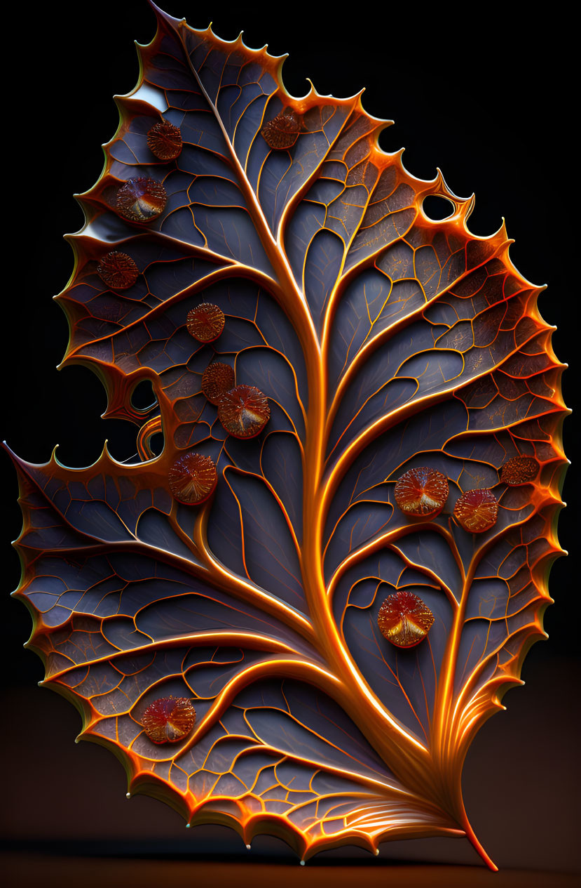 Detailed artistic rendering of glowing leaf with intricate veins on dark background