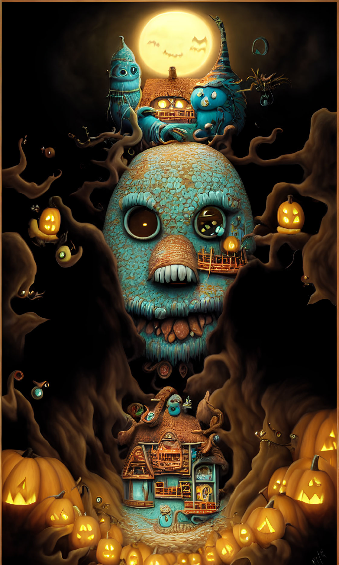 Whimsical Halloween illustration with blue creature, village, jack-o'-lanterns, and full