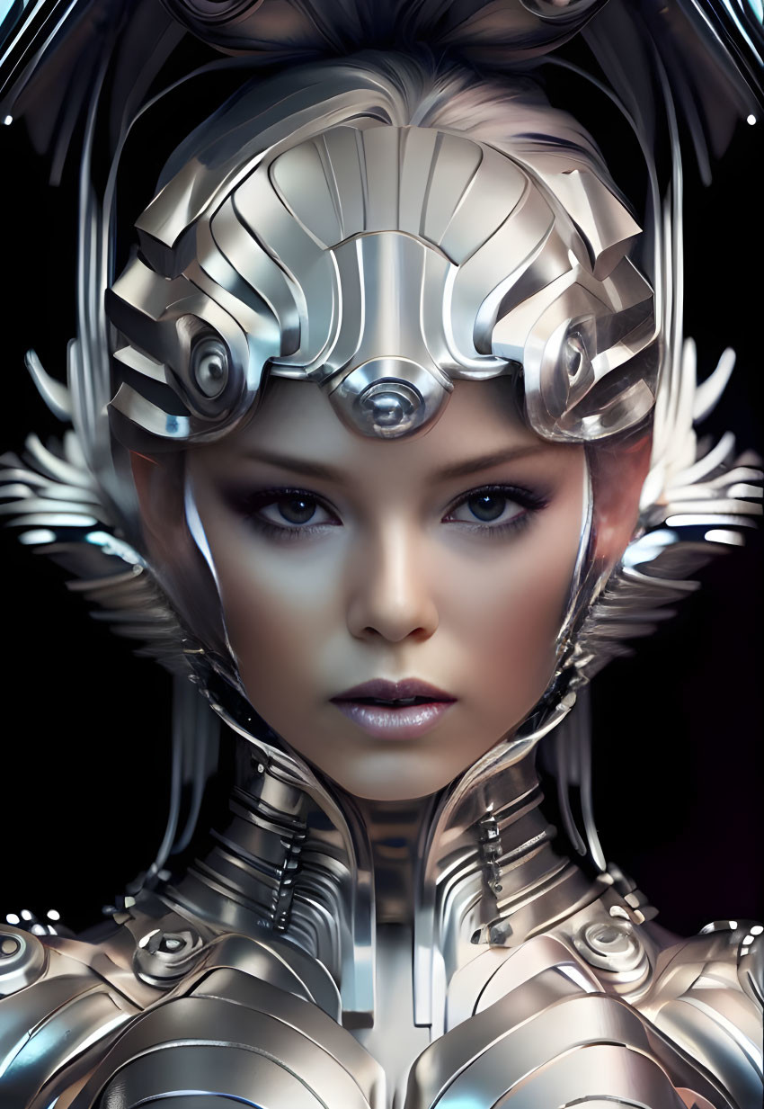 Futuristic digital artwork of a woman in metallic armor