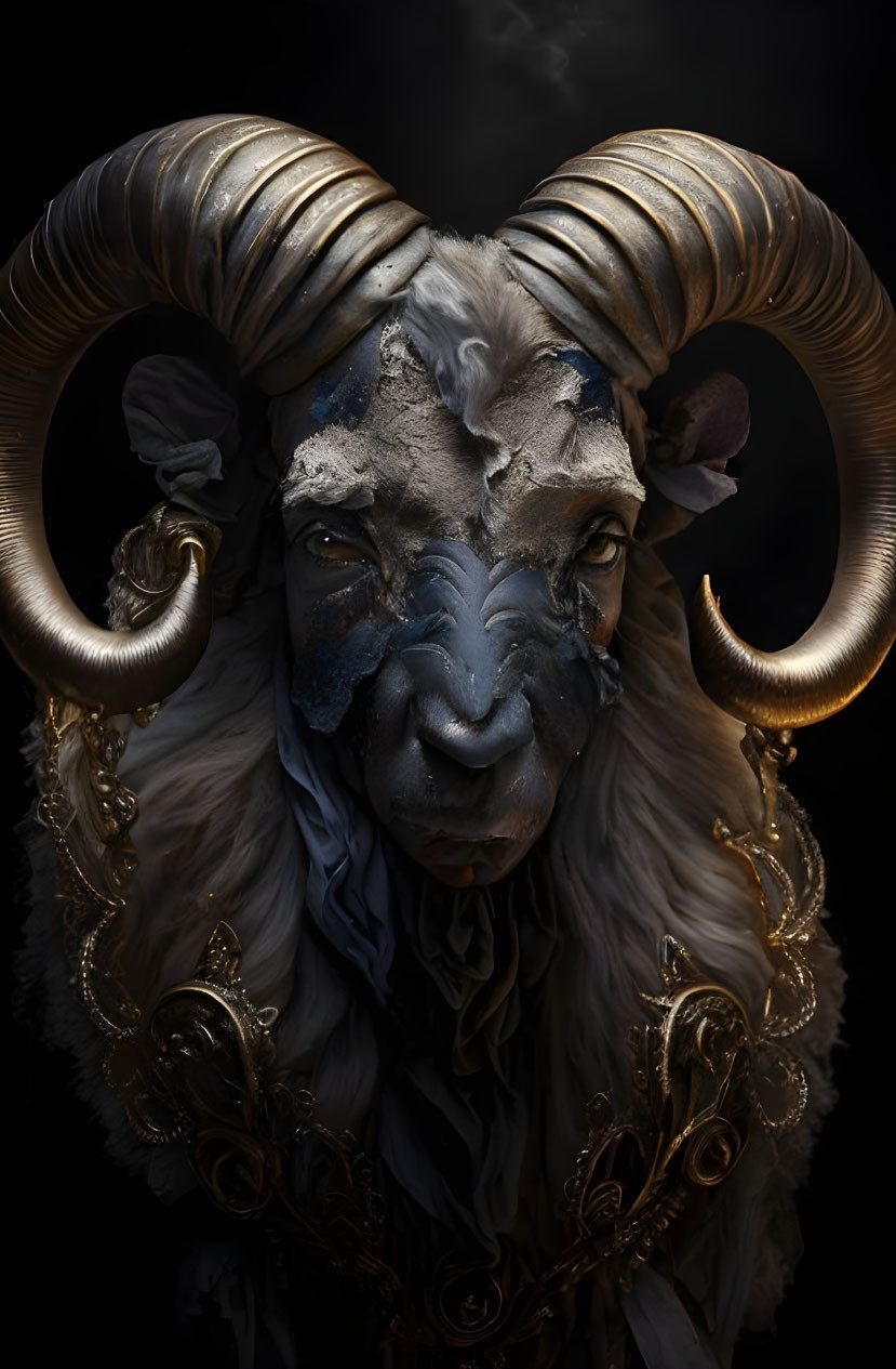 Figure with Ram Horns in Gold Accents: Human-Mythical Fusion