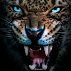 Digital art: Leopard with blue eyes in shadows with luminescent blue ornaments
