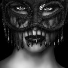 Monochrome image of a person with dark makeup and teardrop, overlaid with tree branches and