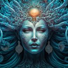 Fantasy digital art portrait of a woman with ice-themed headgear and swirling blue patterns