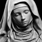 Grayscale digital artwork of serene figure with flowing hair and robes