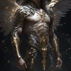 Golden armored winged warrior with chained weapon in majestic pose