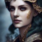 Mystical woman with twig crown and blue crystals on dark bokeh background