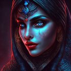 Digital artwork: Woman with jeweled headdress, blue makeup, ornate earrings on starry backdrop