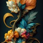 Colorful digital artwork: ornamental floral design with glowing orange flowers