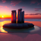Tranquil sunset beach scene with balanced stone stacks and vibrant sky colors